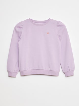Sweater van joggingstof met borduursel en fronsjes op de schouder