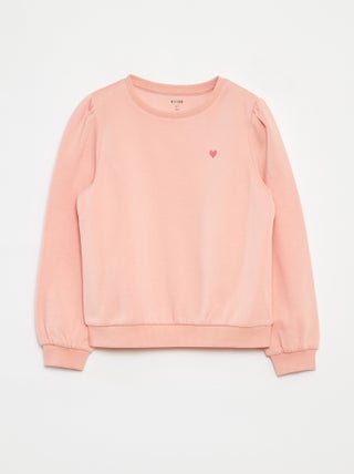 Sweater van joggingstof met borduursel en fronsjes op de schouder