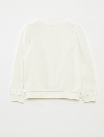 Sweater van joggingstof met borduursel en fronsjes op de schouder