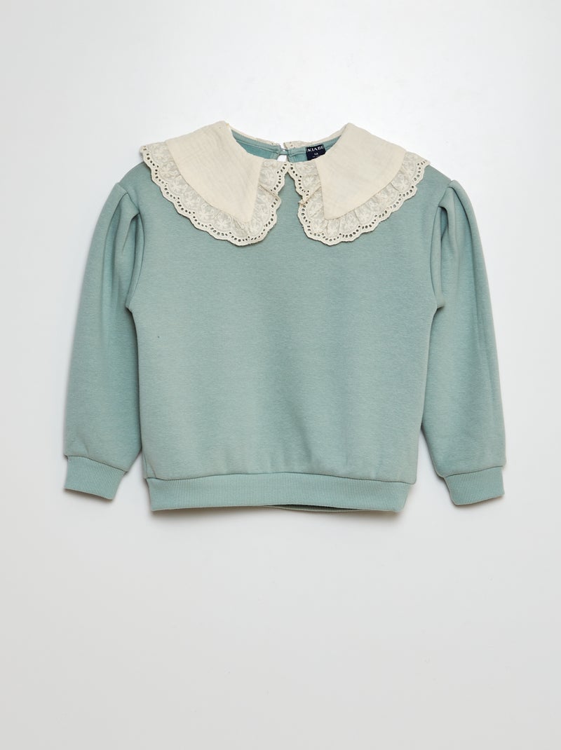 Sweater van joggingstof met kraagje van Engels kant GROEN - Kiabi