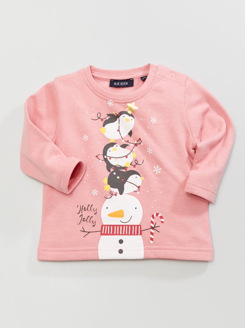 Sweater van joggingstof met pinguïnprint roze - Kiabi