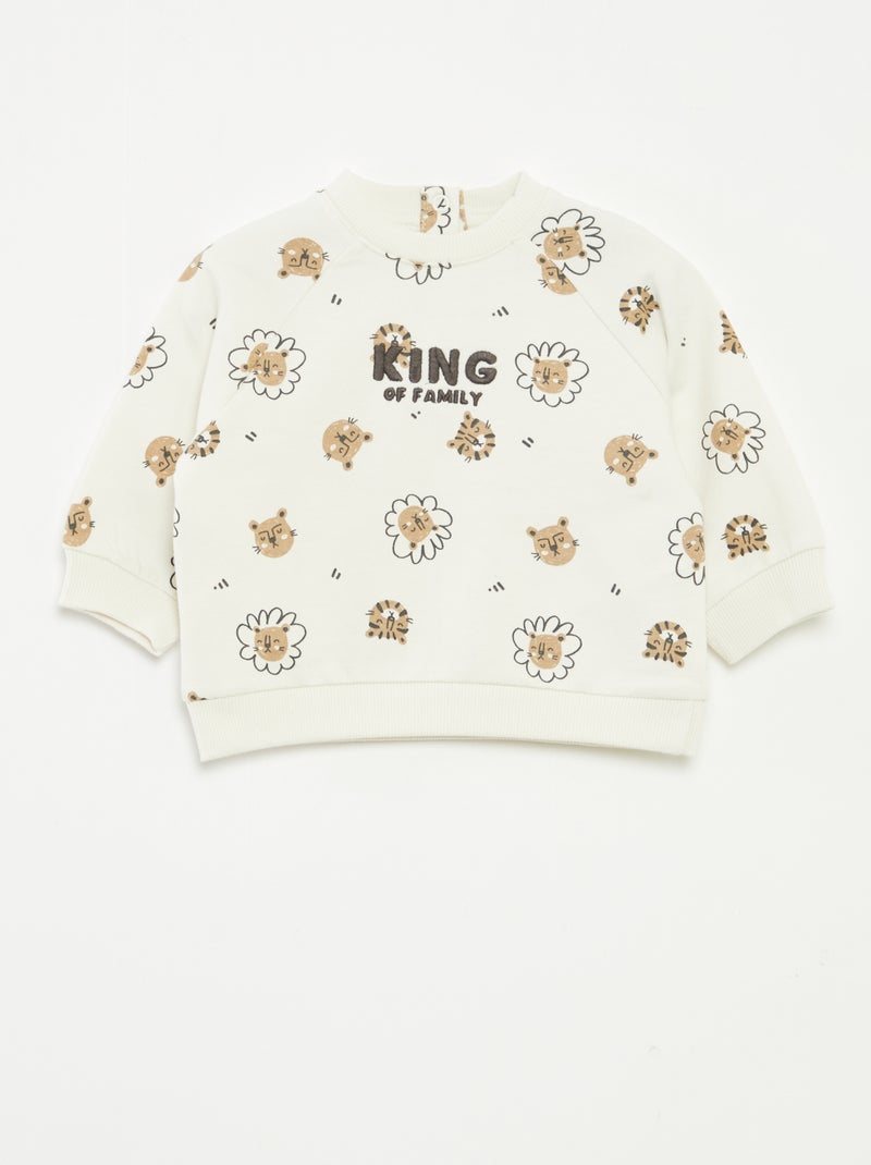 Sweater van joggingstof met print en drukknoopsluiting Wit - Kiabi