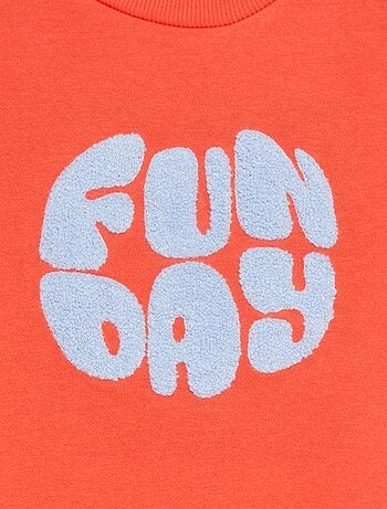 Sweater van joggingstof met tekstopdruk in bouclé