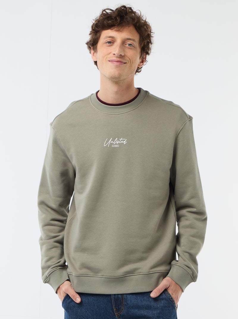 Sweater van lichte joggingstof met print voor- en achterkant Kaki - Kiabi