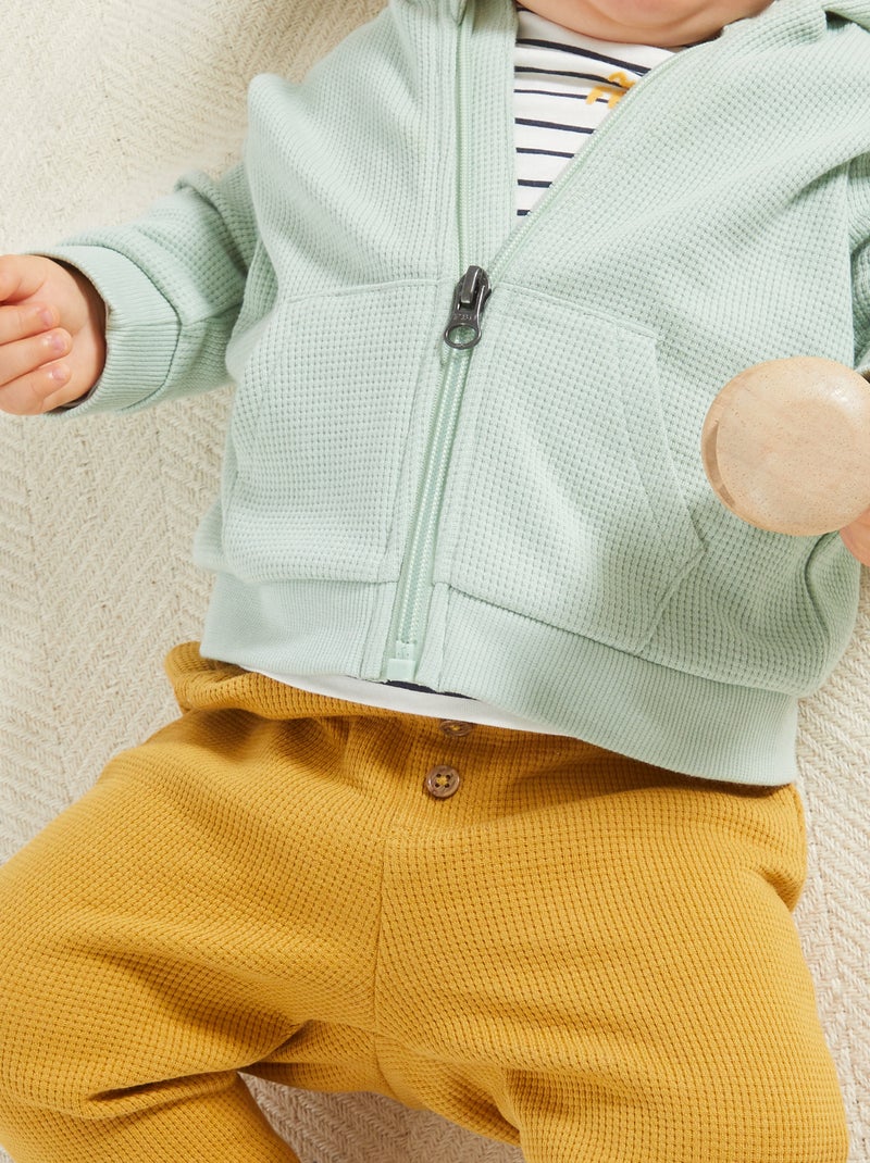 Sweater van wafelstof met rits GROEN - Kiabi
