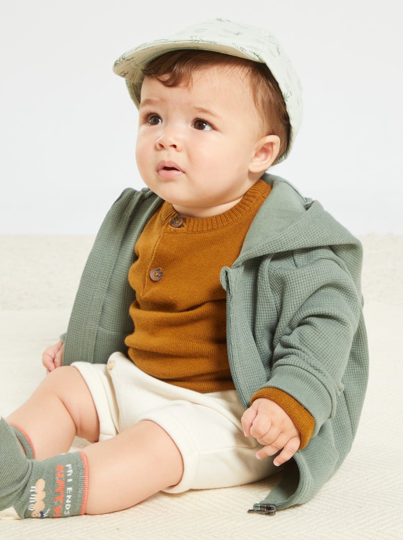 Sweater van wafelstof met rits GROEN - Kiabi