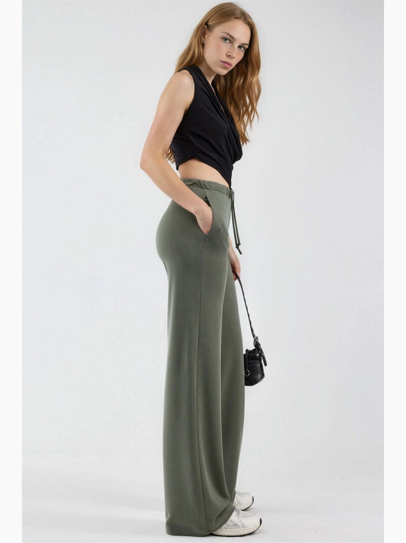 Sweatpants met wijde pijpen en taille met trekkoord busem Kaki - Kiabi