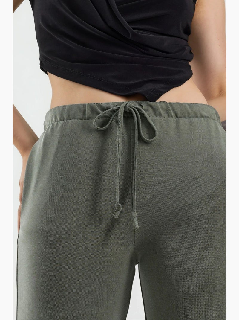 Sweatpants met wijde pijpen en taille met trekkoord busem Kaki - Kiabi