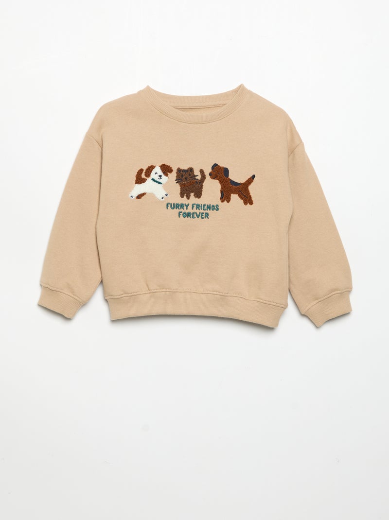 Sweatshirt met lange mouwen van fleece met animatie Biege - Kiabi