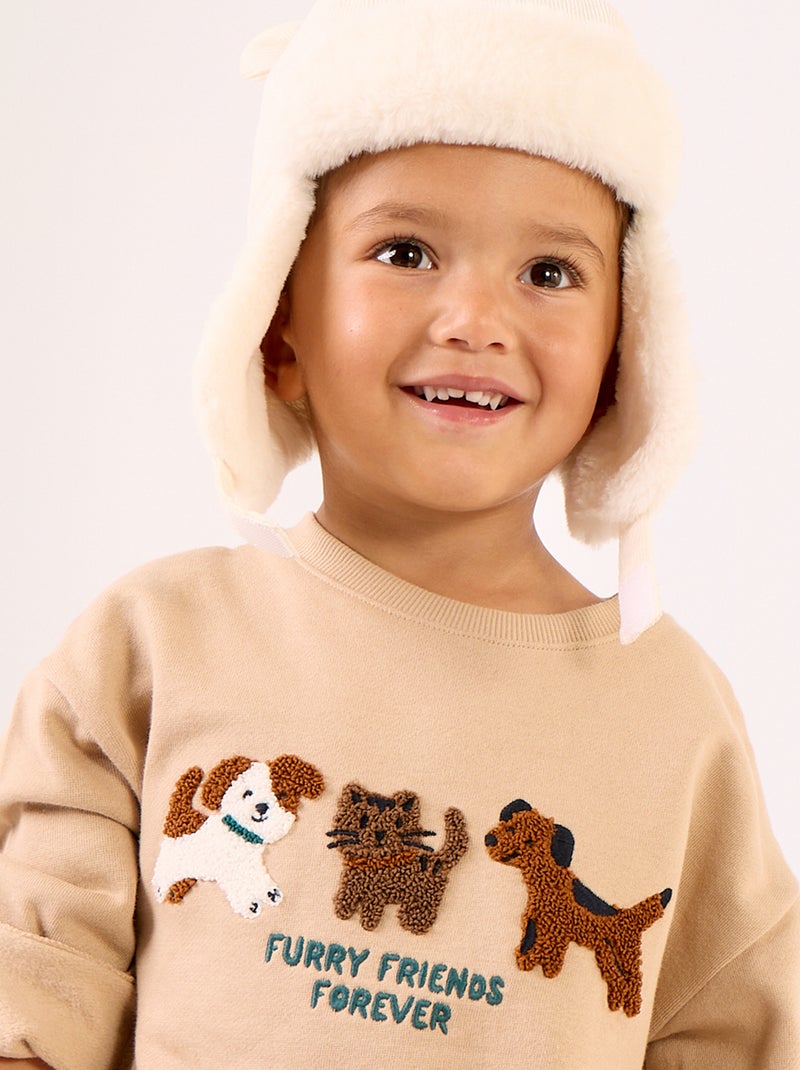 Sweatshirt met lange mouwen van fleece met animatie Biege - Kiabi