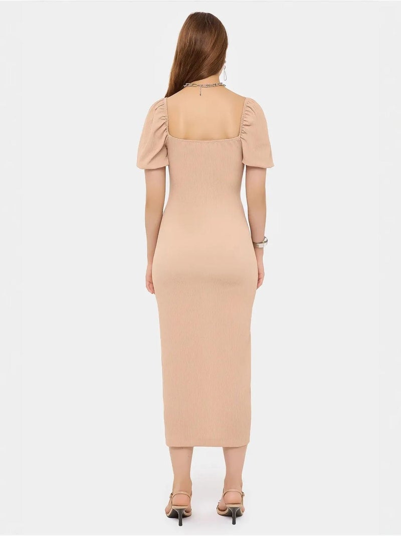 Sweetheart Hals Puff Mouw Midi Jurk met Zijsplit Natuurlijk beige - Kiabi