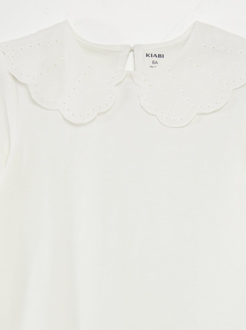 T-shirt à col en broderie anglaise blanc - Kiabi
