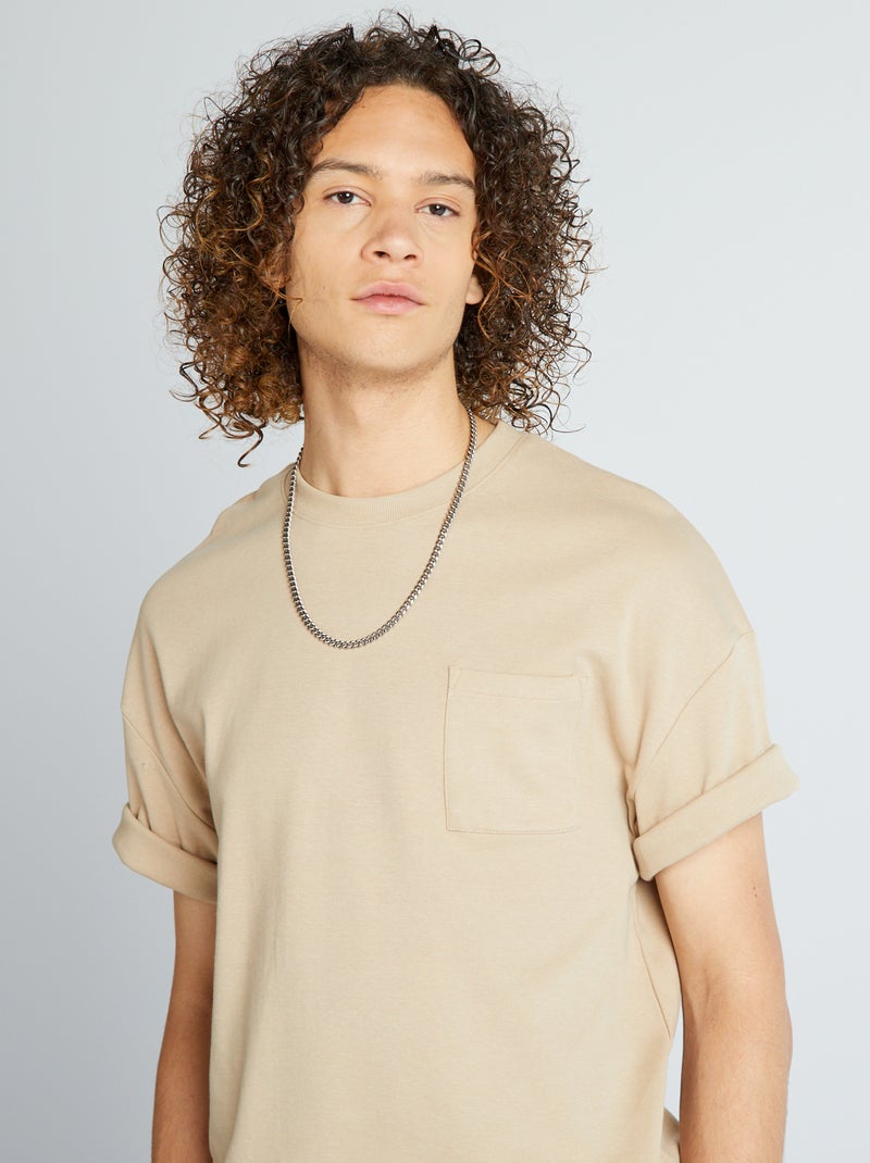 T-shirt à col rond avec poche poitrine Beige - Kiabi