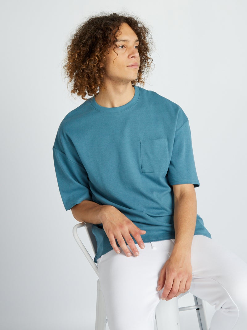 T-shirt à col rond avec poche poitrine Bleu - Kiabi