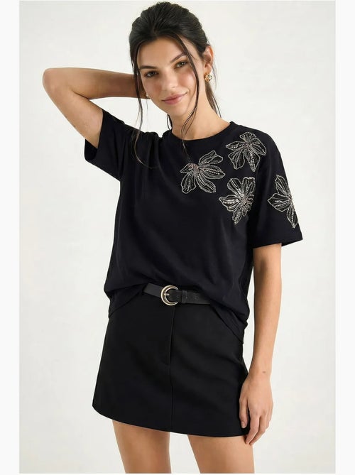 T-shirt à col rond brodé de fleurs lucci - Kiabi