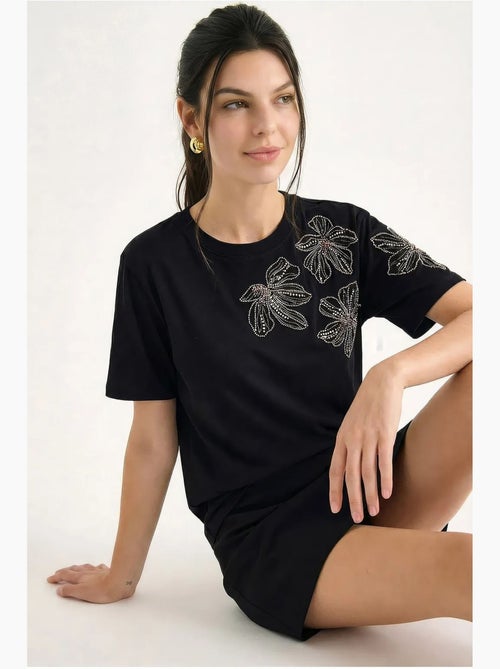T-shirt à col rond brodé de fleurs lucci - Kiabi