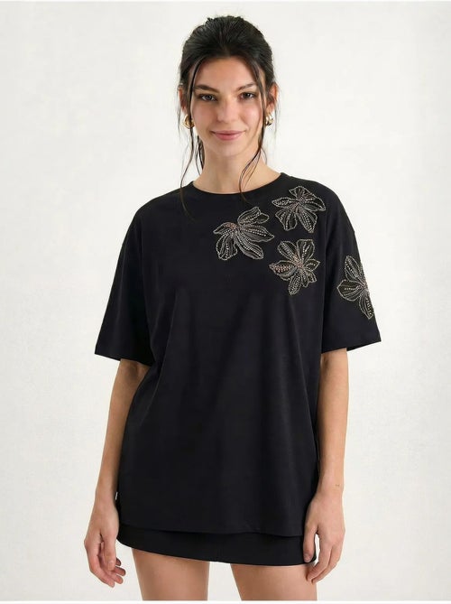 T-shirt à col rond brodé de fleurs lucci - Kiabi