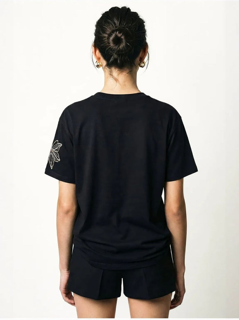T-shirt à col rond brodé de fleurs lucci Noir - Kiabi