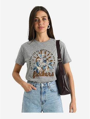 T-shirt à col rond et broderie florale lucci
