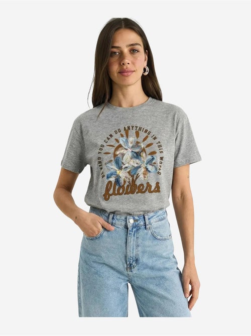 T-shirt à col rond et broderie florale lucci - Kiabi