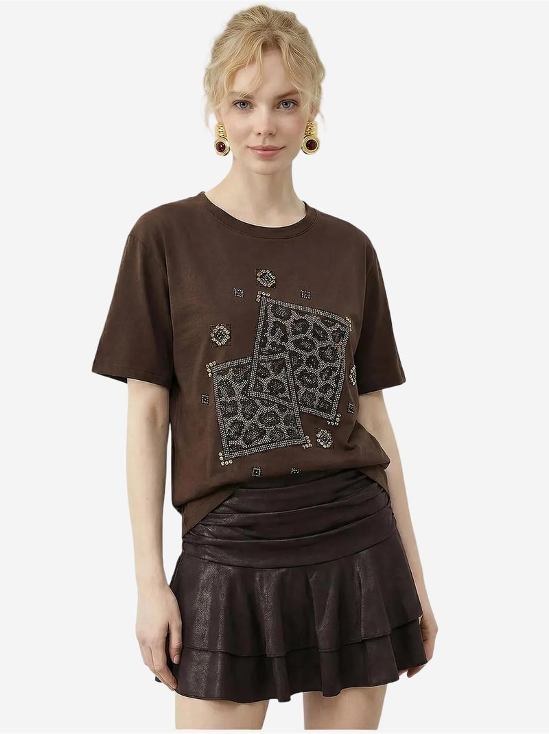 T-shirt à col rond et imprimé géométrique à sequins lucci Marron chocolat - Kiabi
