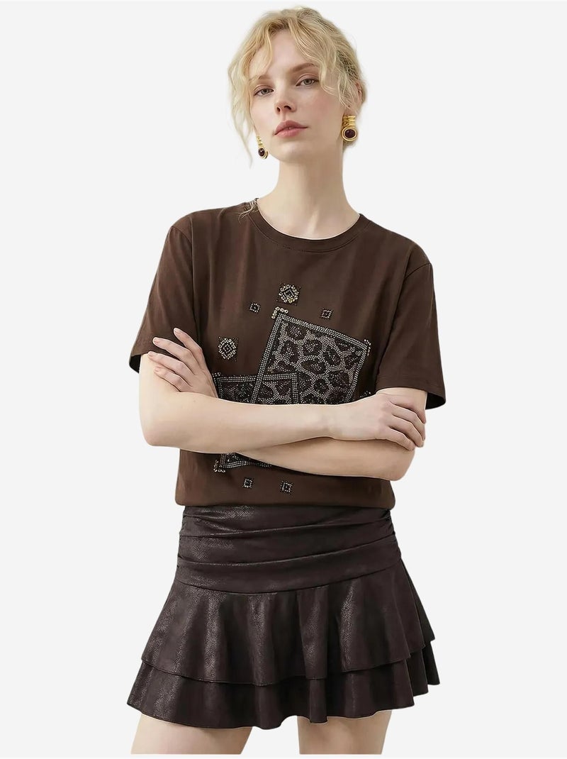 T-shirt à col rond et imprimé géométrique à sequins lucci Marron chocolat - Kiabi
