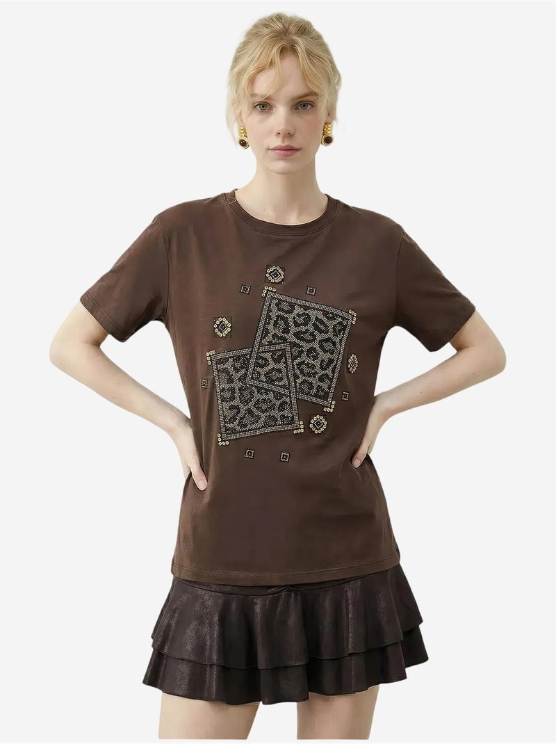 T-shirt à col rond et imprimé géométrique à sequins lucci Marron chocolat - Kiabi