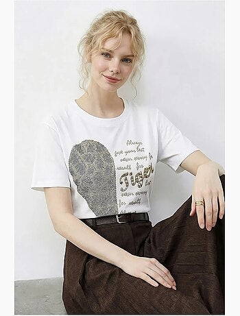 T-shirt à col rond et imprimé texte à sequins lucci