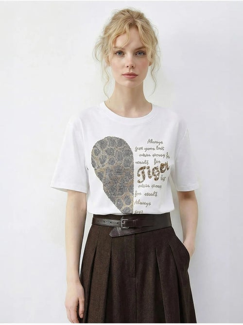 T-shirt à col rond et imprimé texte à sequins lucci - Kiabi