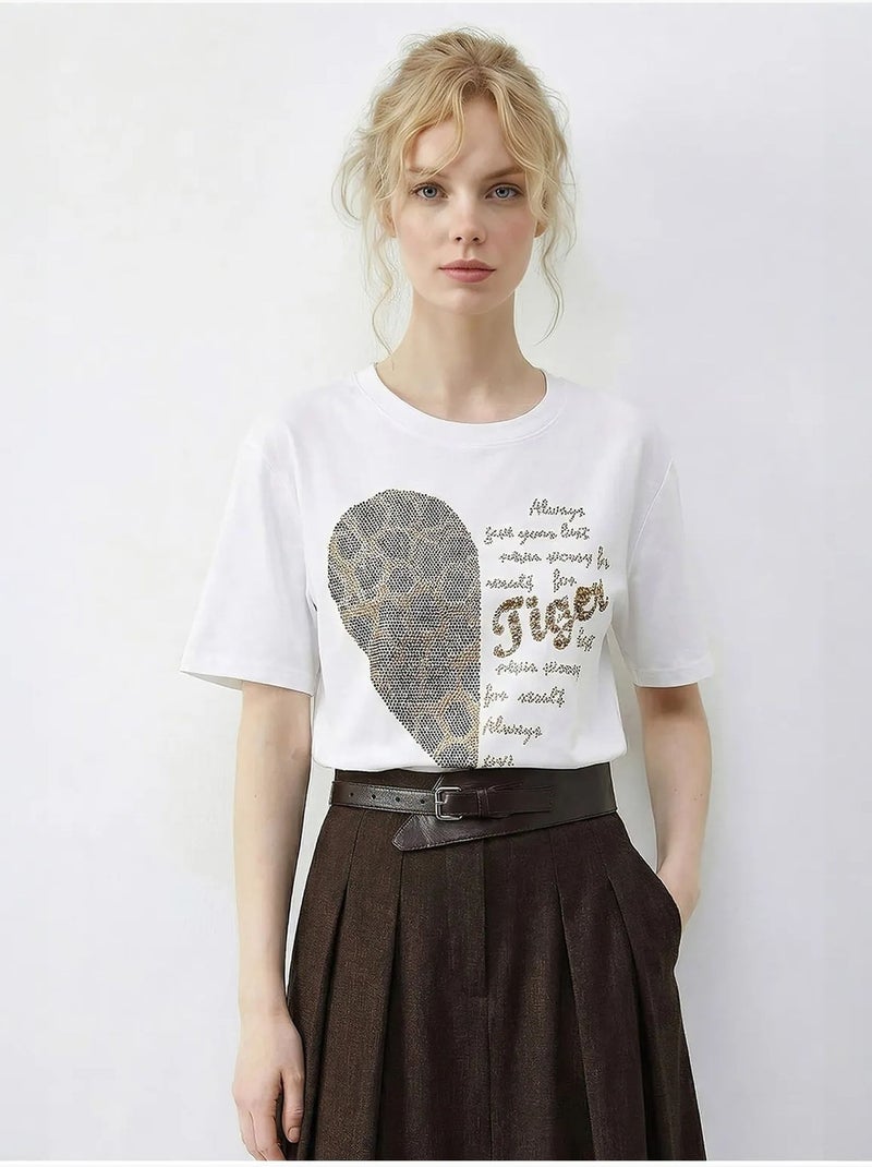 T-shirt à col rond et imprimé texte à sequins lucci Blanc - Kiabi