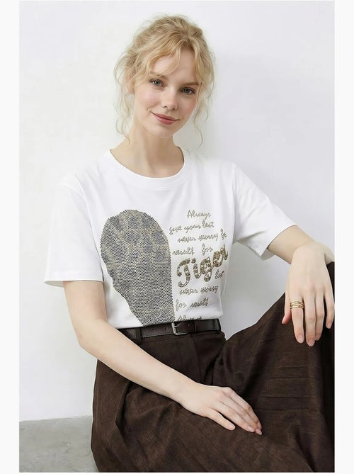 T-shirt à col rond et imprimé texte à sequins lucci - Kiabi