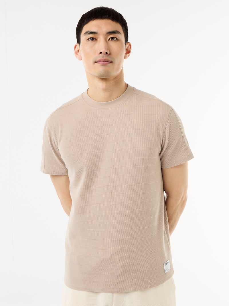 T-shirt à col rond et manches courtes en nid d'abeilles Beige - Kiabi