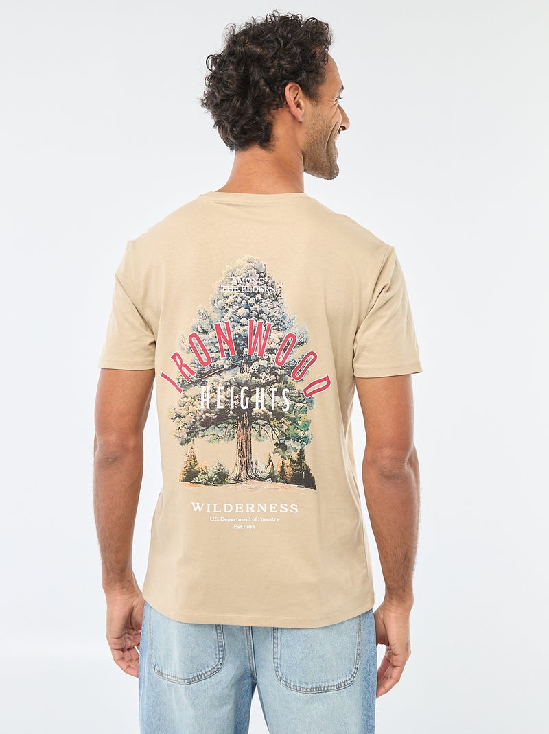 T-shirt à col rond et manches courtes imprimé Beige - Kiabi