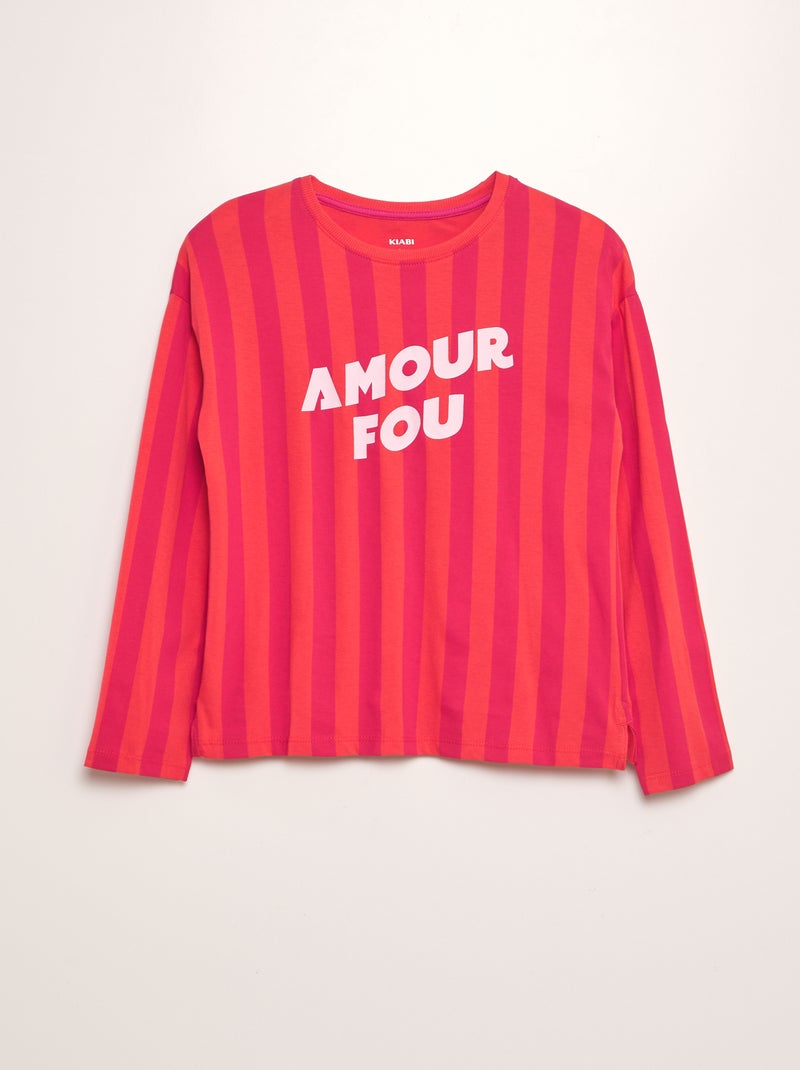 T-shirt à col rond et manches longues - Frère et sœur Rose à rayures - Kiabi