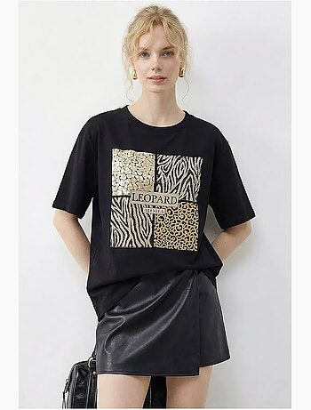 T-shirt à col rond et sequins imprimé léopard lucci