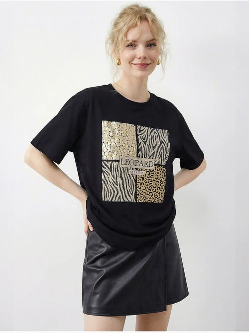 T-shirt à col rond et sequins imprimé léopard lucci - Kiabi