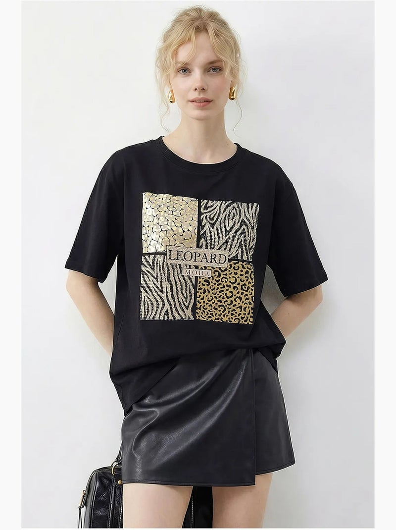 T-shirt à col rond et sequins imprimé léopard lucci Noir - Kiabi