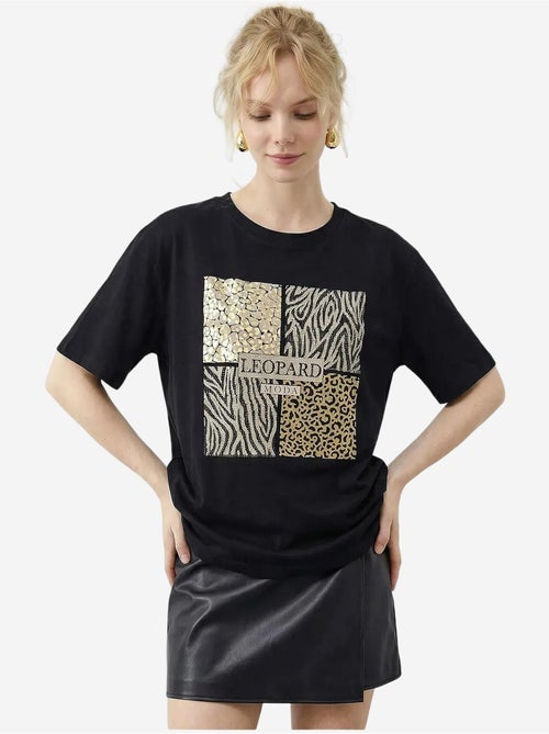 T-shirt à col rond et sequins imprimé léopard lucci - Kiabi