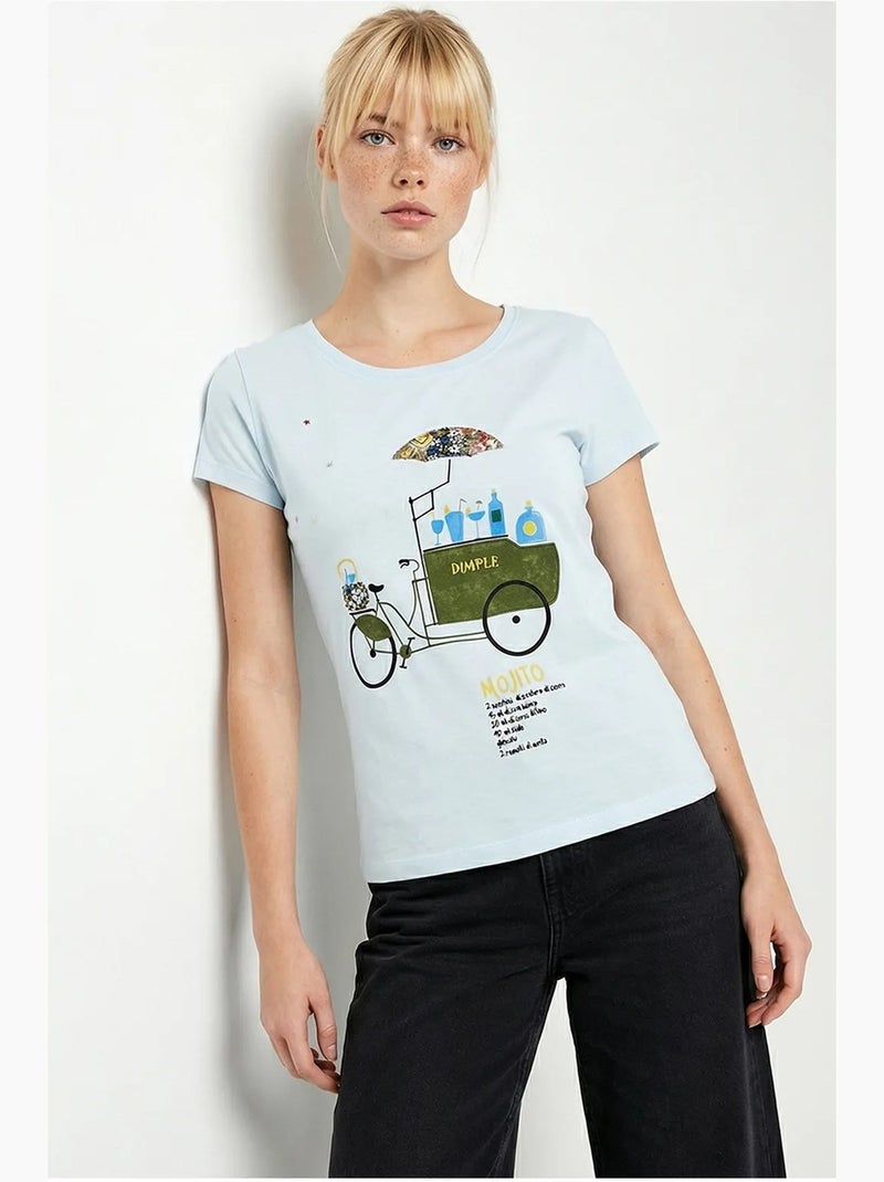 T-shirt à col rond imprimé brodé lucci Bleu ciel - Kiabi
