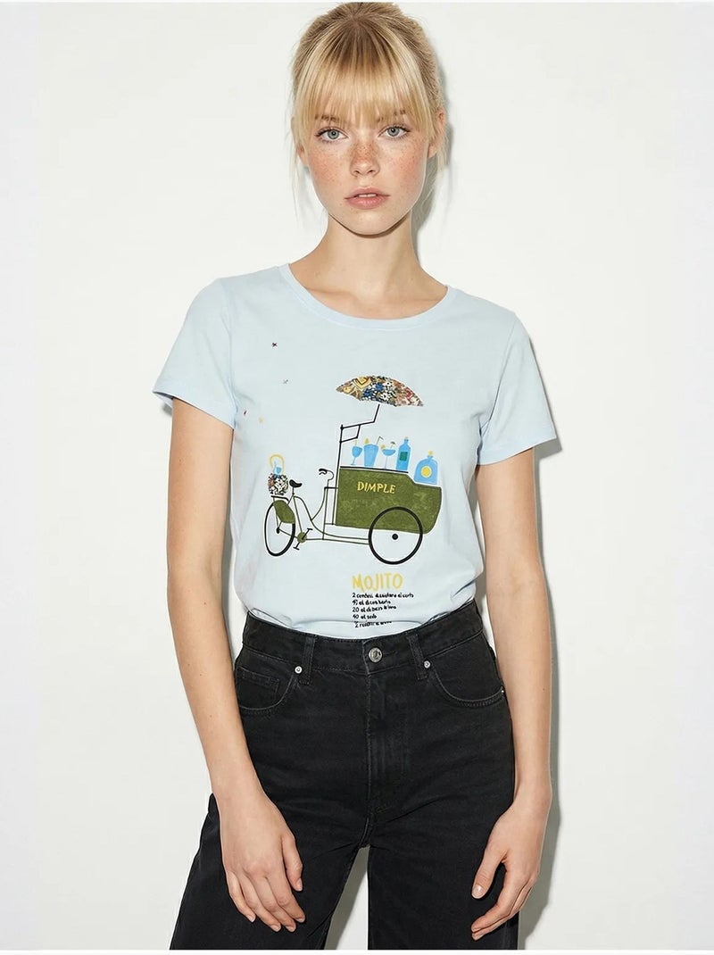 T-shirt à col rond imprimé brodé lucci Bleu ciel - Kiabi