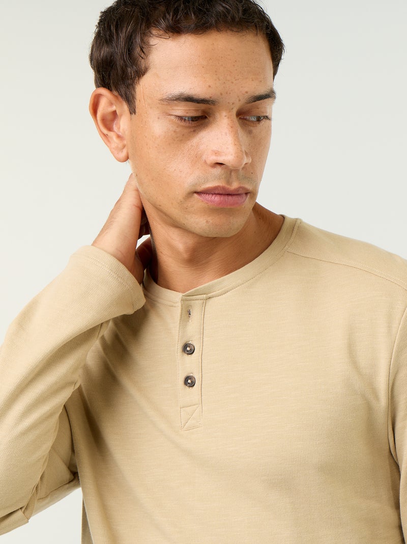 T-shirt à col tunisien à manches longues Beige - Kiabi