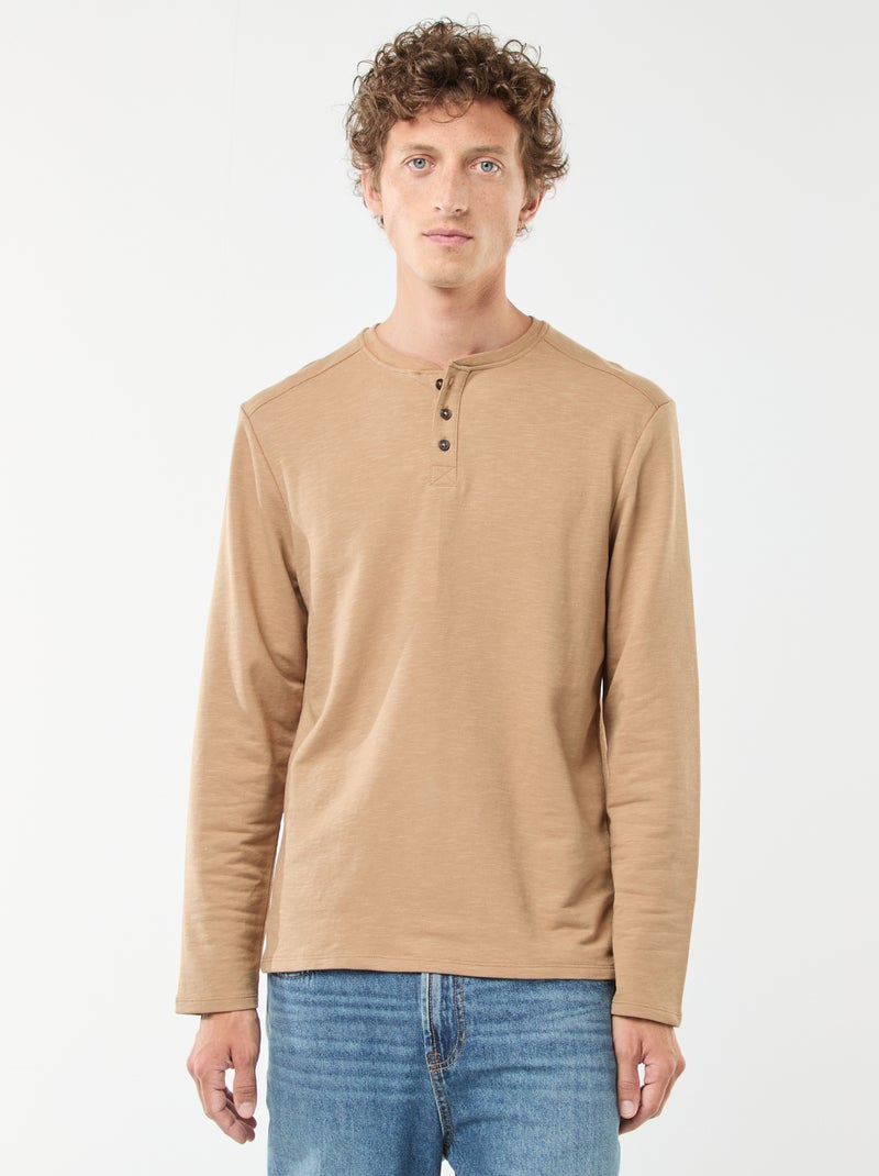 T-shirt à col tunisien manches longues Beige - Kiabi