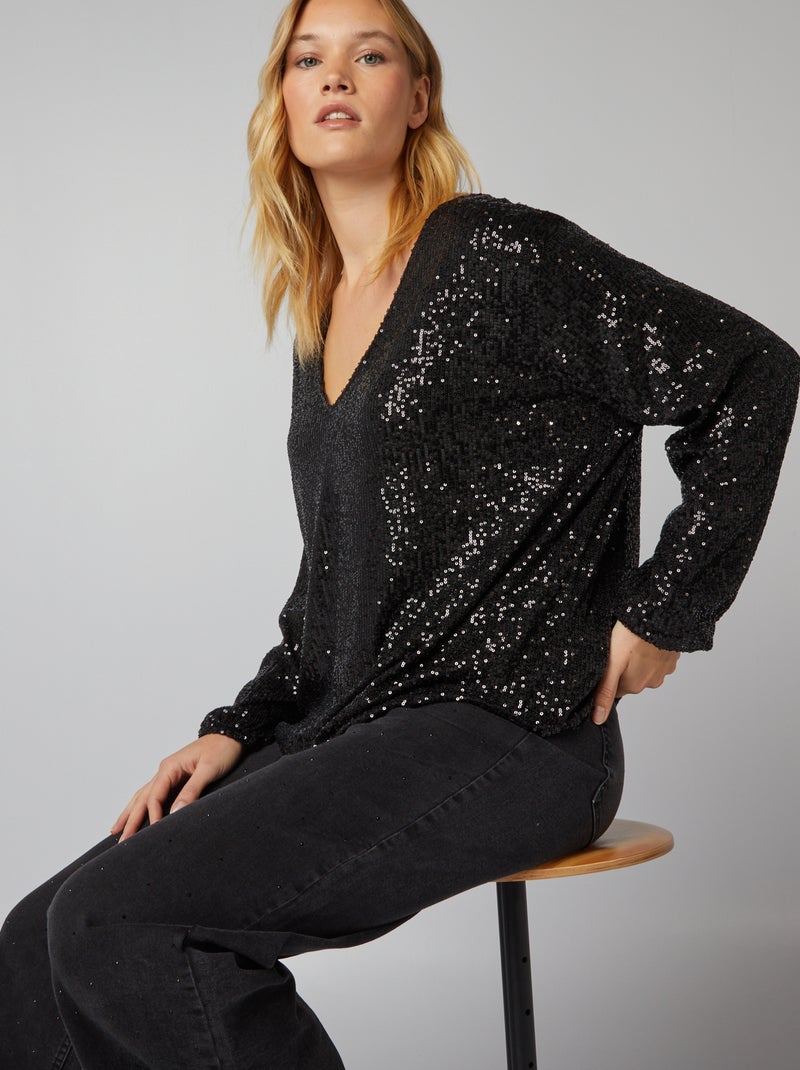 T-shirt à col V avec sequins noir - Kiabi