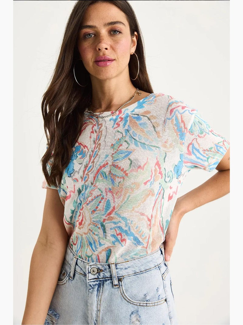 T-shirt à imprimé floral et col rond lucci Bleu saphir - Kiabi