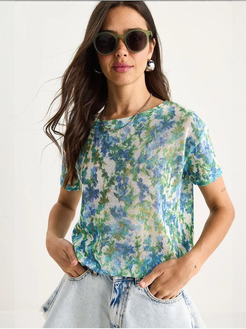 T-shirt à imprimé floral et col rond lucci Vert - Kiabi