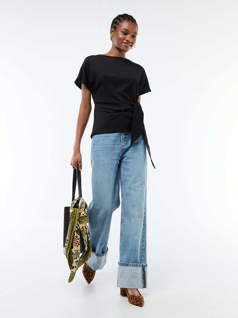 T-shirt  à manches courtes drapé avec nœud en maille crêpée Noir - Kiabi