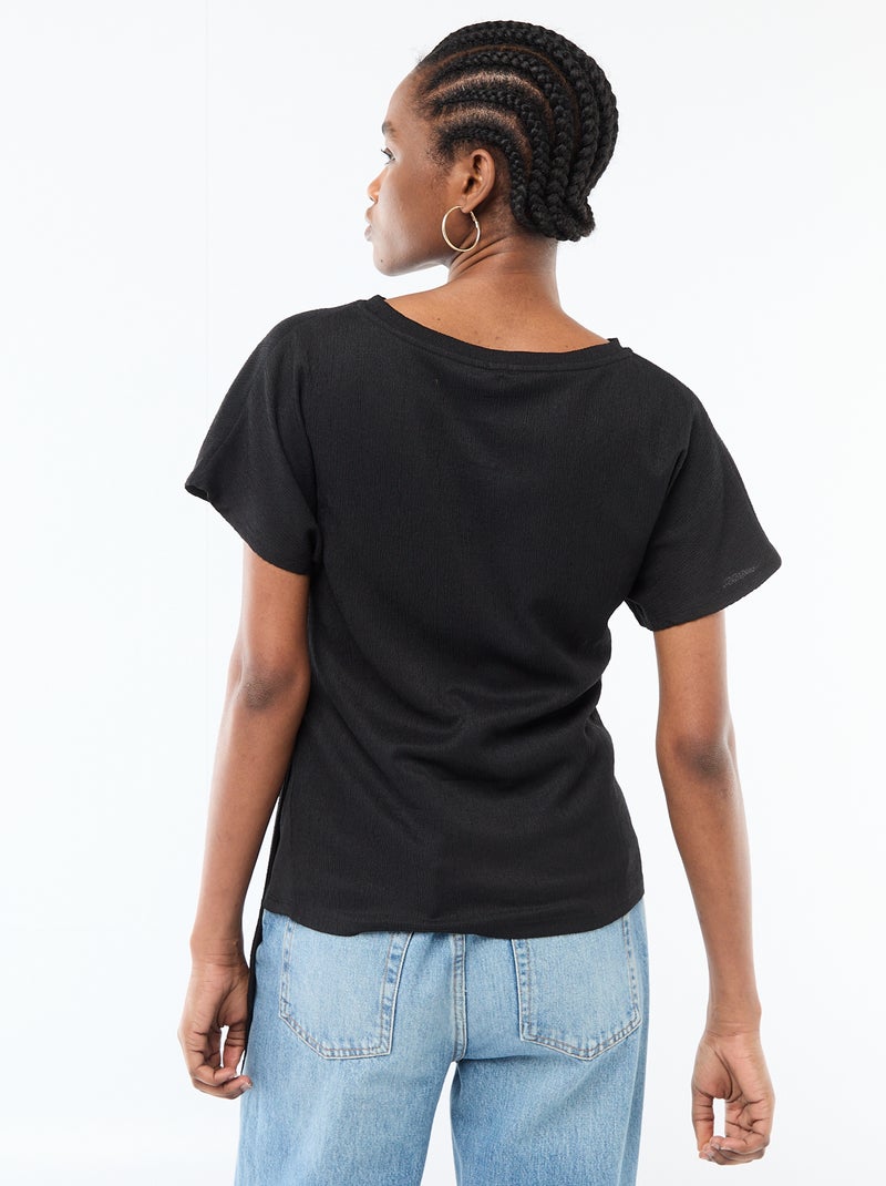 T-shirt  à manches courtes drapé avec nœud en maille crêpée Noir - Kiabi