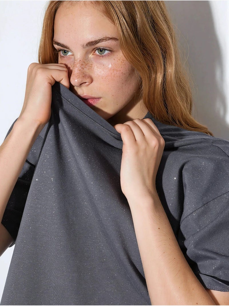 T-shirt à manches courtes et col rond à sequins busem Gris foncé - Kiabi