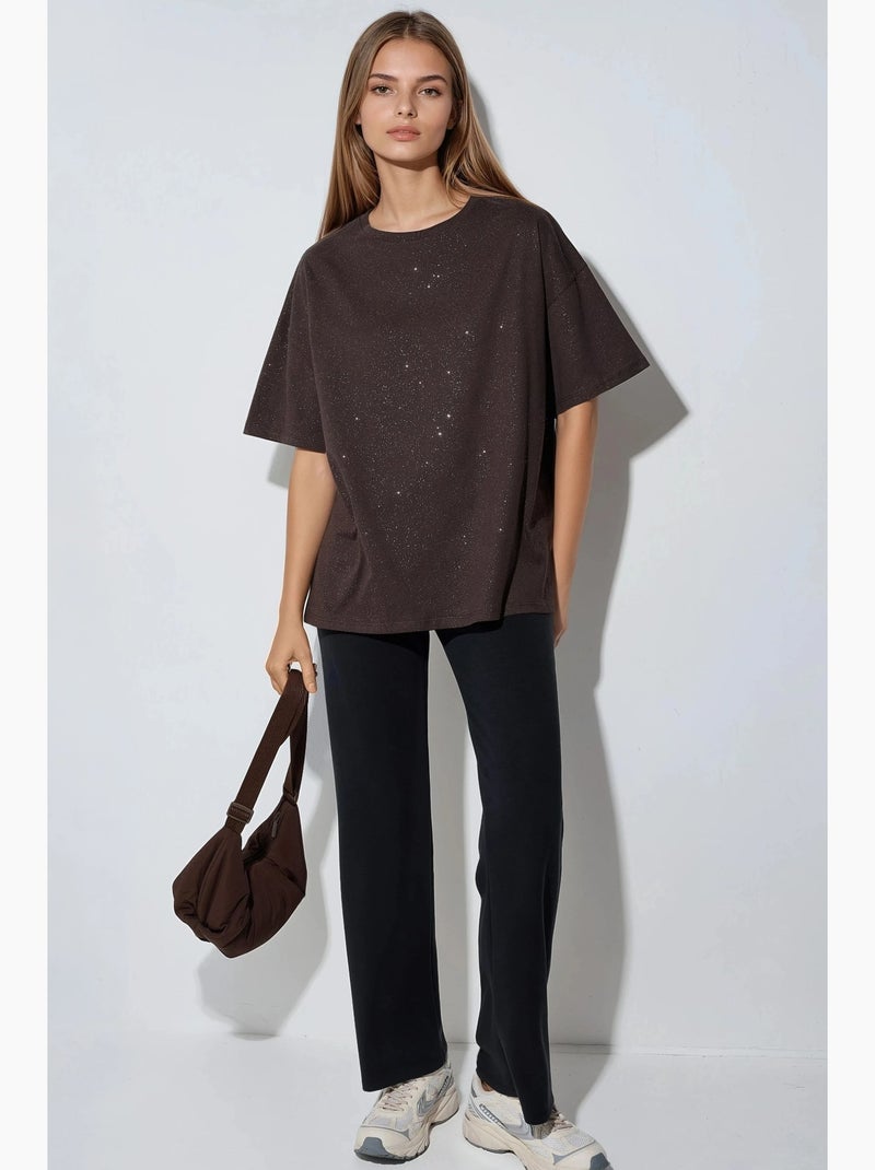 T-shirt à manches courtes et col rond à sequins busem Marron foncé - Kiabi