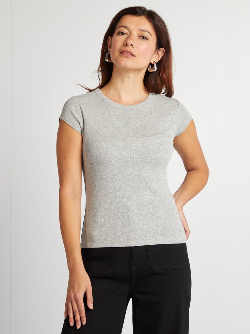 T-shirt à manches courtes maille côtelée GRIS - Kiabi
